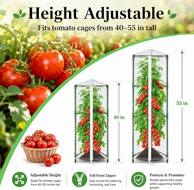 Halatool Garden Tomato Plant Cover Netting, Fits 40–55" Tall Tomato Cages, Garden Bird Netting with Zipper & Drawstring, Insect Barrier, Plant Covers from Insects Animals, 2 Pack, 45"×15.7"