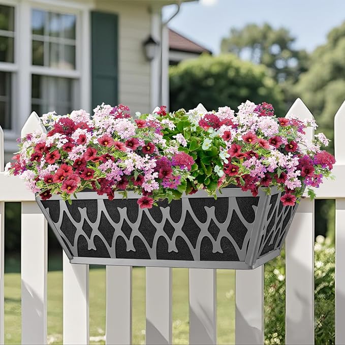 2 Pack 16 Inch Window Boxes Planters Railing Planter Box with Adjustable Brackets & Non-Woven Fabric Plant Grow Bags Deck Railing Planter Boxes Balcony Hanging Flower Box for Outdoor Plants
