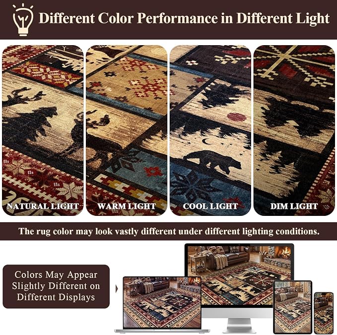 LOKHOM 5ft Round Area Rugs for Bedroom, Washable Western Western Bear Rug | Bear Pattern, Non-Slip, Low Pile, Soft Floor Carpet, Vintage Wildlife Accent, For Living Room Bedroom Entryway Nursery