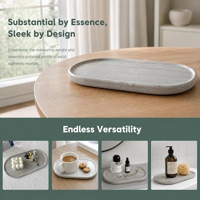 Genuine 100% Natural Marble Tray, Luxury Light Grey Stone Vanity Tray | 11.8" x 5.9" Decorative Oval Trays for Countertop Storage, Bathroom, Dresser, Kitchen, Home Decor, Jewelry Makeup Organizer