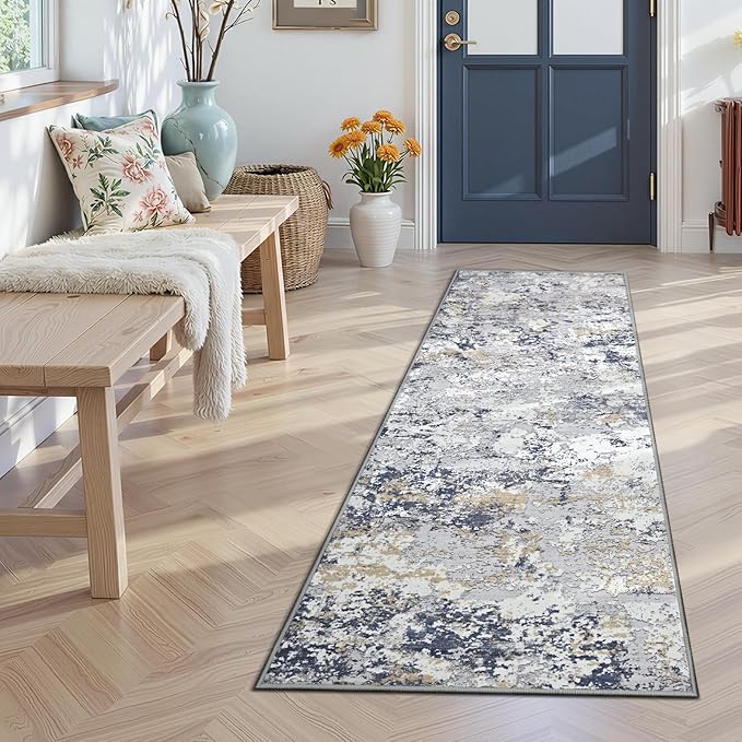 Toneed Washable 2x6 Non-Slip Abstract Runner Rug for Hallway Kitchen | Soft Modern Low Pile Area Rugs for Bedroom Laundry Living room,Indoor Carpet for Bedside Home Decor, Blue White Gold