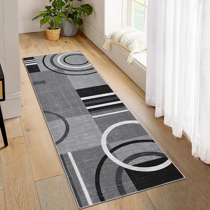 RUGSREAL Runner Rug 2x6 Modern Geometric Area Rug Non Slip Hallway Rugs | Contemporary Abstract Circles Rug CarpetLow Pile Indoor Floor Cover for Kitchen Bedroom
