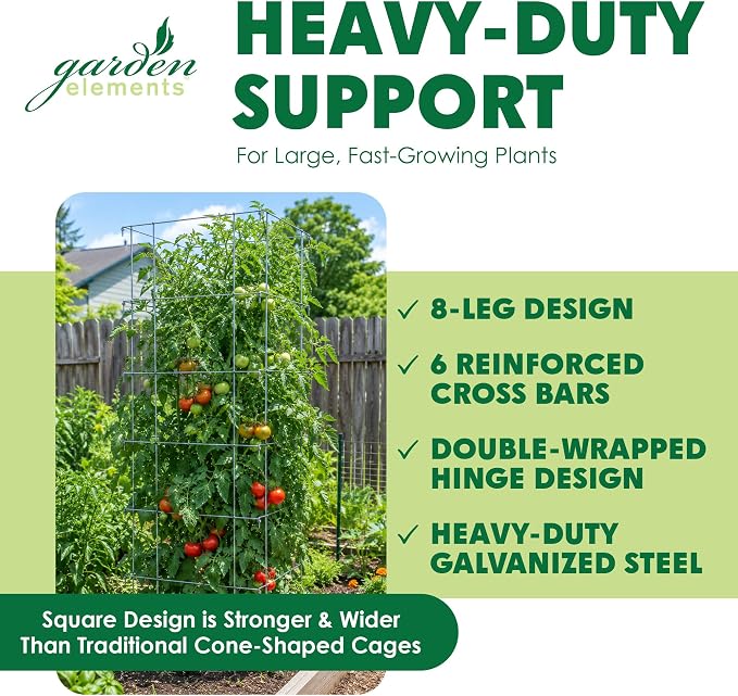 Garden Elements Square Tomato Cage, 58 Inch (Pack of 3) – Heavy Duty Galvanized Steel Plant Support, Collapsible Garden Trellis with 8-Leg Stability for Climbing Vegetables & Vines