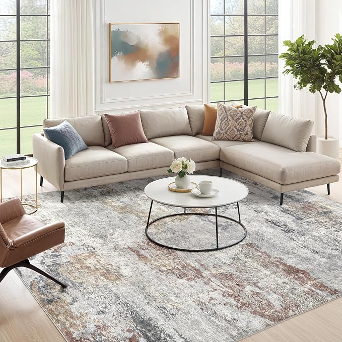 DMOYEST 9x12 Area Rug for Living Room Washable Abstract Indoor Carpet | Neutral Modern Low Pile Rugs Kid & Pet Friendly Large Soft Thin Carpet for Bedroom Dining Room - Grey/Orange/Yellow