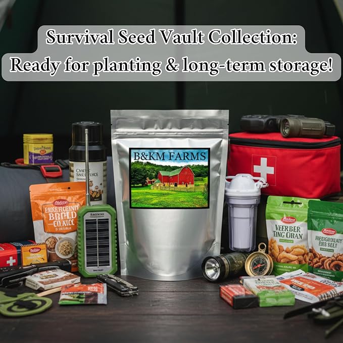 B&KM Farms 30,000+ Survival Seed Kit 5+ Year Supply. 50 Fruit & Vegetable Non-GMO Heirloom Seeds for Planting a Home Garden. (50 Seed Packets: Maximum Variety Package)