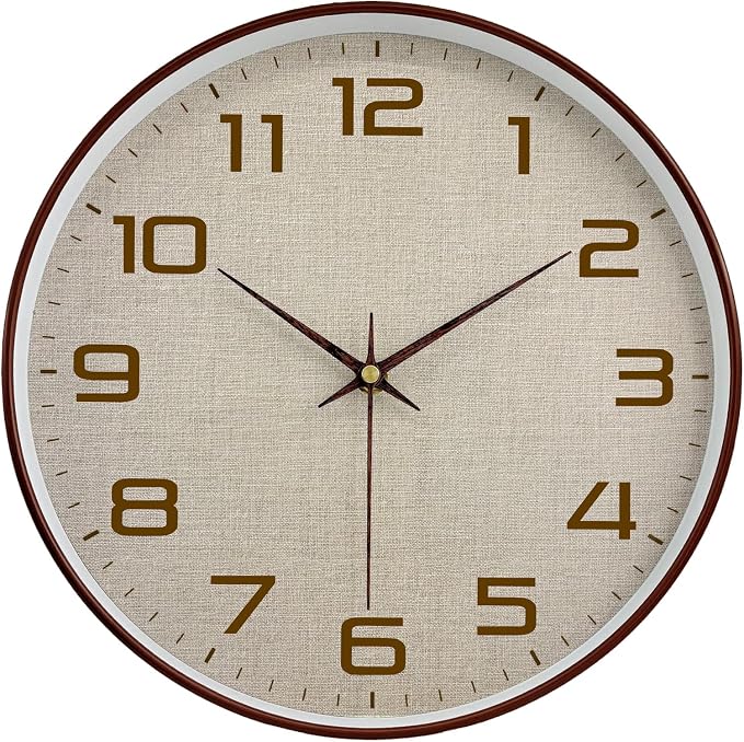 Woodgrain Wall Clock, Silent Non-Ticking Wall Clocks Battery Operated 8 Inch, Linen Texture Large Easy-to-Read Numbers Modern Analog Clock for Bedroom Living Room Kitchen Office Gym, Brown