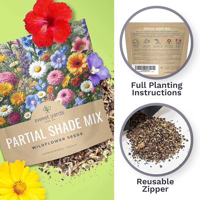 Wildflower Seeds Partial Shade Mix - 1 Ounce Over 7,000 Open Pollinated Annual and Perennial Seeds