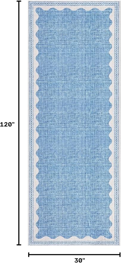 GarveeHome 2x10 Runner Rug for Hallway Washable Kitchen Rugs Non Slip Solid Blue Modern Minimalism Soft Low-Pile Scalloped Indoor Carpet for Entryway Laundry Room Floor Mats