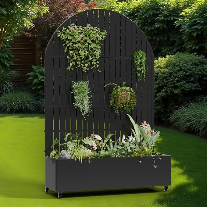 Casaphoria Metal Raised Garden Bed with Trellis and Wheels, 72"x47"x16" Arched Planter Box for Climbing Plants, Vegetables & Vines, Features Drainage Holes and Privacy Screen (Black-Fence)