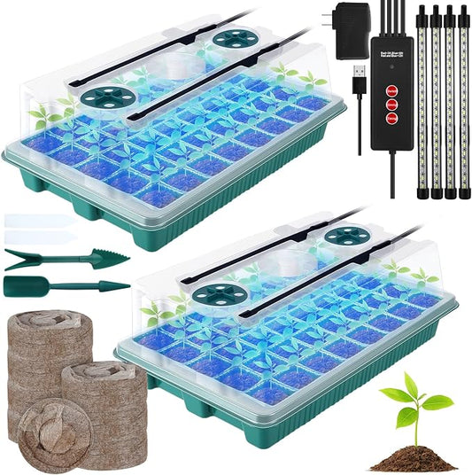FillTouch 2 Packs 80 Cells Seed Starter Trays Kit with 4 Grow Light Seed Starter Kit Seedling Starter Trays with Humidity Dome and 80 Pcs Peat Pellet for Garden Seeds Propagation Seedlings