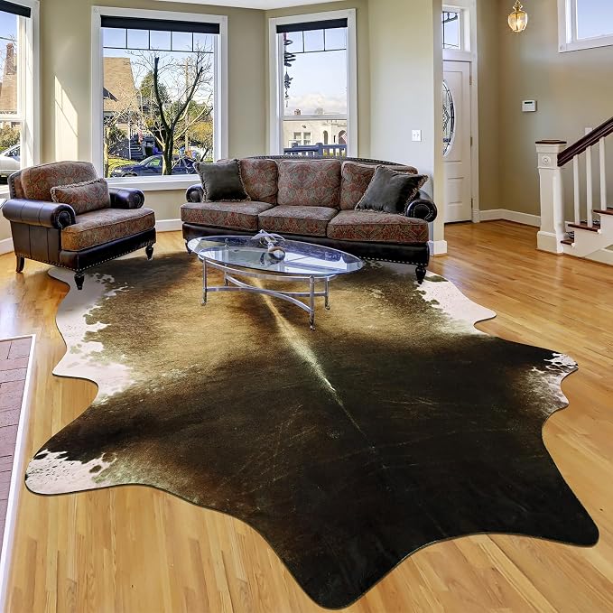 Large Washable Non Slip Faux Cowhide Rug 6x7 Brindle and White, Speckled Cow Print Area Rugs for Living Room, Cruelty-Free Animal Skin Carpet, Western Rustic Room Decor Aesthetic