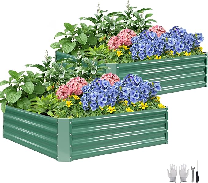 2 Pcs 4x4x1ft Galvanized Raised Garden Bed Outdoor, Metal Planter Boxes with Easy Assembly, Planter Raised Beds for Gardening, Flower, Plants, Vegetable, Herb - LotusGreen