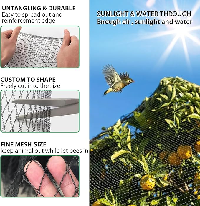 Bird Netting 3/8 Inch Mesh, 20 x 40 FT, HDPE, Rip-Resistant, Black | Tight diamond woven mesh blocks small birds | Allows bees & pollinators through | UV-stabilized | Stakes & ties included