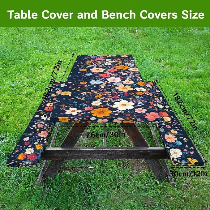 French Flowers Picnic Table Cover with Bench Covers and Carrying Bag, Vintage Berry Garden Rectangle Table Cover Outdoor Patio Camping Essentials 72 inch 4PCS Camping Fitted Tablecloth