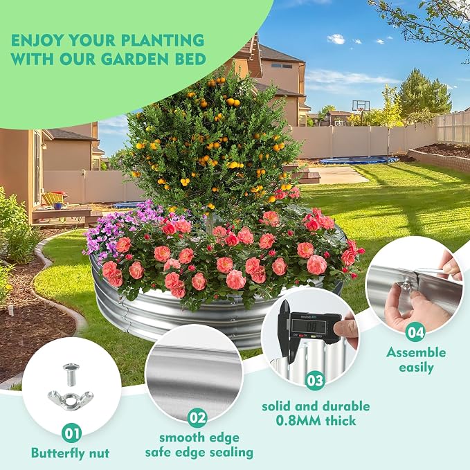 YSEJOMP 5FT Diameter Galvanized Garden Raised Bed/Plant Box/Fire Pit Ring-0.8mm Thick,12 Inch Tall,Crimped Edge and Corner,No Sharpe,Perfect for Plantings (Silver, 60 Dia X 11.5 inches)