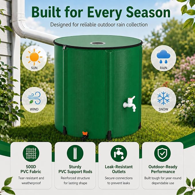Collapsible Rain Barrel, 200 Gallon Portable Rainwater Collection System, Water Storage Tank, Rain Catcher Barrel with Spigots and Overflow Kit, Rain Water Barrel Collector for Garden, Green