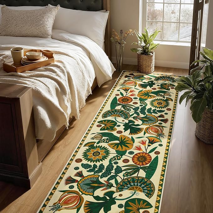 Joydeco Egypt Floral Washable 2.6x8 Runner Rug for Hallway Entryway Kitchen | Boho Botanical Colorful Non Slip Stain Resistant Low Pile Flower Indoor Carpet Runner for Entry Laundry Room Bathroom, Beige