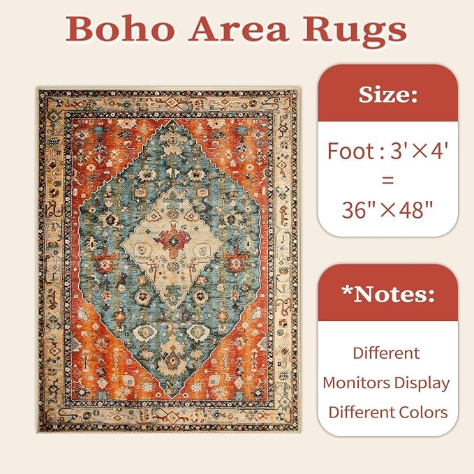 SERISSA 3x4 Washable Non Slip Boho Area Rug for Entryway | Ultra Soft Vintage Oriental Carpet Low-Pile Distressed Tribal Indoor Entrance Carpet for Kitchen Bedroom Living Room Dorm