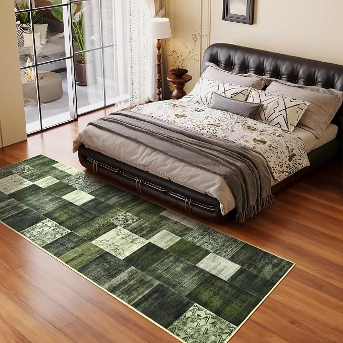 Runner Rug for for Hallways, 2'x6' Washable Kitchen Rugs with Non Slip Rubber Backing, Soft Low Pile Non-Shedding Geometric Carpet for Laundry Bedroom Bathroom, Green
