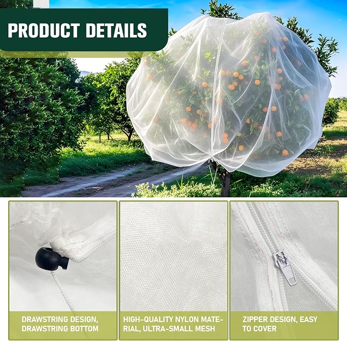 KEOHOLI 12x12 FT Large Fruit Tree Netting Bags with Zipper and Drawstring, Insect Bird Barrier Netting Plant Covers for Fruit Vegetable Trees, Bushes,Flower in Garden (12 * 12ft, 1Pack)