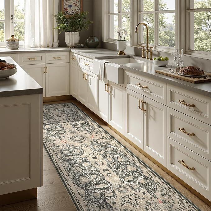 DCX 2x6 Washable Snake Rug for Living Room, Non Slip Low Pile Rug, Beige | Rugs for entryway, kitchen, dining room, office, soft, kid & pet friendly, sain resistant indoor carpet, home decor