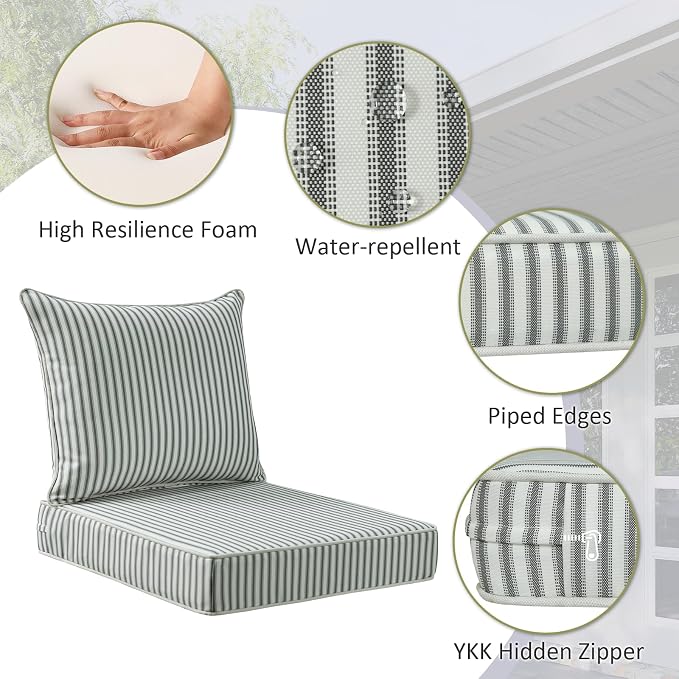 Unimatta Outdoor Patio Chair Cushions Set, 24" x 24", Set of 2, Water-Repellent, Fade Resistant, Deep Seat Bottom and Back Cushion for Backyard, Couch, Sofa and Patio Furniture, Black and White