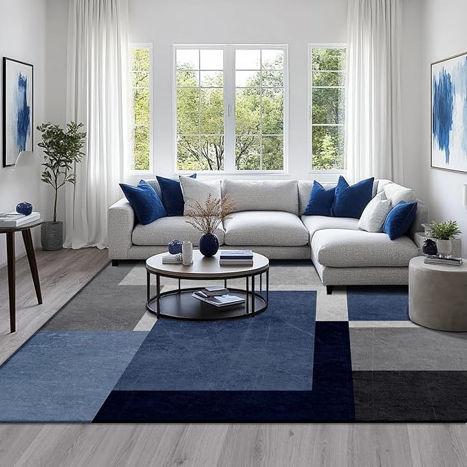 Washable Low-Profile Geometric Area Rug, 0.2 inch Thin Abstract Rug Design for Living Room & Bedroom Decor, 8x10 ft Blue Grey Modern Non-Slip Floor Rug