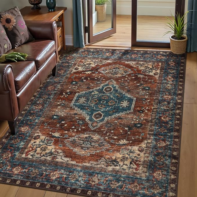Tangsoo Oriental 3x5 Washable Area Rugs, Vintage Non Slip Accent Rug | Boho Indoor Print Distressed Carpet, Soft Low Pile Rug for Living Room Dining Bedroom Bedside Entryway Rust Blue Home Decor