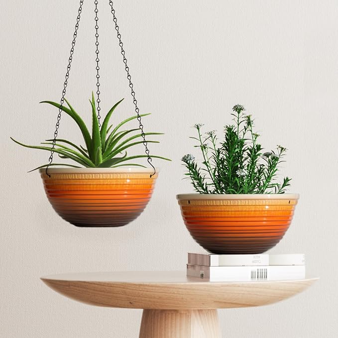 Vanslogreen 12 inch Hanging Planters for Indoor Outdoor Plants, 2 Pack Large Hanging Flower Pots with Drainage Holes and Chain, Glazed Hanging Baskets for Home Garden Decoration, Orange