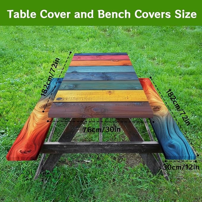 Wood Grain Picnic Table Cover with Bench Covers and Carrying Bag, Rustic Vintage Colorful Rainbow Stripes Rectangle Table Cover, Outdoor Patio Camping Essentials 6FT 4PCS, Camping Fitted Tablecloth