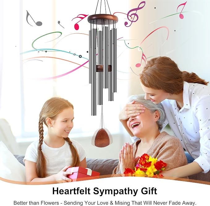 Bursvik Large Aluminium Wind Chimes 37 Inches to Create a Zen Atmosphere Suitable for Outdoor, Garden, Patio Decoration. Classic Wind Chimes with Wind Catcher Suitable as A Gift for Unisex,Silver Grey