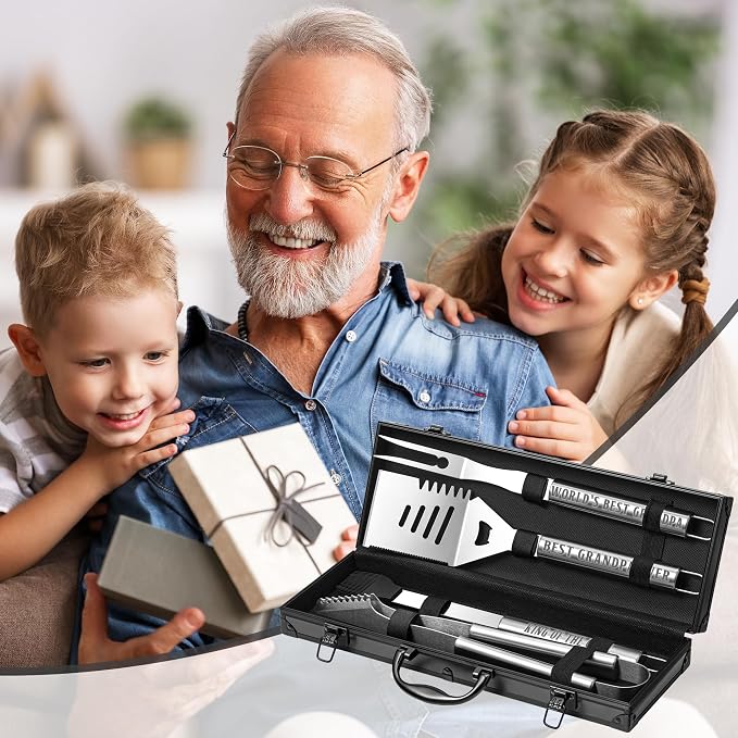 Grandpa Gifts from Grandkids, Grilling Accessories, Heavy Duty Stainless Steel BBQ Grill Tools for Outdoor Grill with Aluminum Case, Grandpa Grill Utensils Ideal Fathers Day Grilling Gift