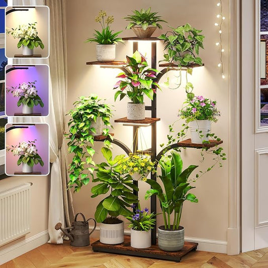 ikkle Plant Stand Indoor with 4 Grow Lights & 3 Colors, 54" Tall 7-Tier Corner Plant Shelf for Indoor Plants Multiple, Tree-Shaped Flower Display Holder with Large Bottom Shelf for Tall Plants, Home Decor