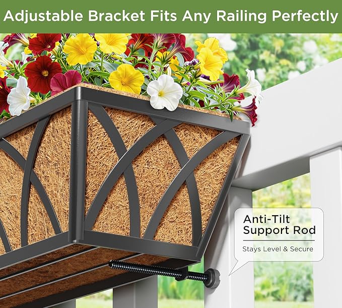 Y&M 24 Inch Railing Planter Boxes 4 Pack, Metal Hanging Balcony Planter, Adjustable Deck Railing Planter for Fence, Window Boxes Outdoor, Heavy Duty Flower Box for Porch Rail