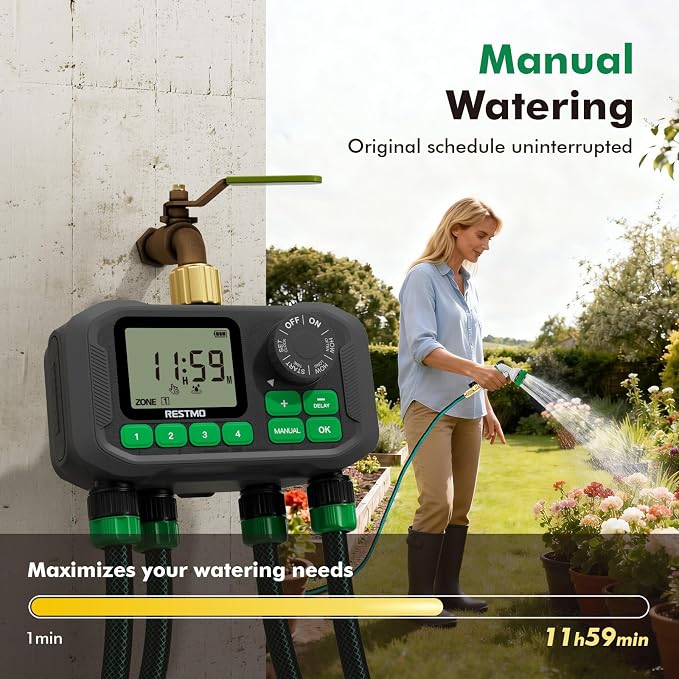 RESTMO Sprinkler Timer for Outdoor Hose Faucet 4 Zone, Up to 11h59m Programmable Watering Timer for Soaker Hose, Misting with Brass Inlet & Large Dial, Rain Delay/Manual/Automatic Irrigation System