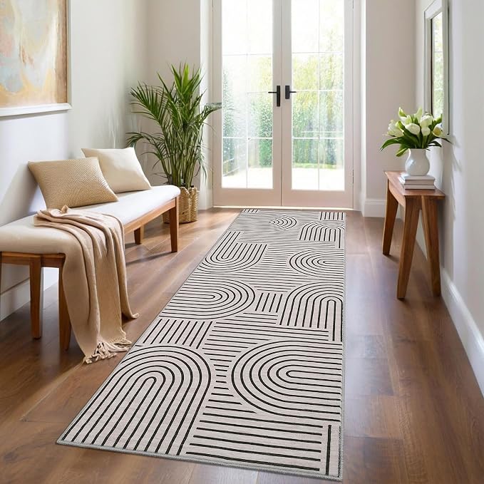 ROYHOME Modern 2x6 Hallway Runner Rug Non Slip Soft Kitchen Rug Light Camel | Abstract Washable Mat, Rainbow Geometric Runners Rugs for Bedroom, Long Rugs for Entryway Arch Pattern Bathroom Laundry Dorm