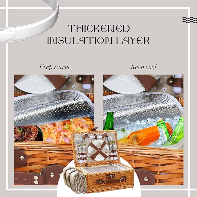 Picnic Basket Set for 4 with Waterproof Blanket Mat Insulation Bag Wicker Floral Brown Classic Fresh for Christmas Thanksgiving Wedding Birthday Camp Outdoor Beach Travel