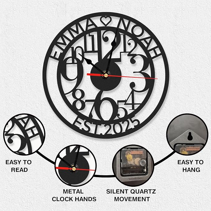 Personalized Outdoor Wall Clock Waterproof, Custom Couple's Name Metal Modern Wall Clock, Non Ticking, Battery Operated, Wedding, Ideal for Living Room, Kitchen, Office, Home Decor
