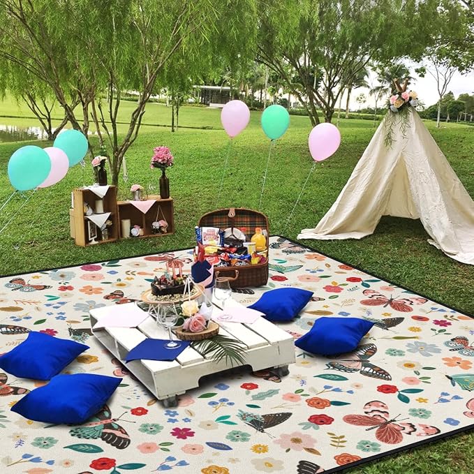 Butterfly Flower Picnic Blankets Waterproof Foldable, 60’‘x80'' Portable Outdoor Picnic Mat Water Resistant for Grass, Padded Lawn & Park Blanket for Camping, Hiking