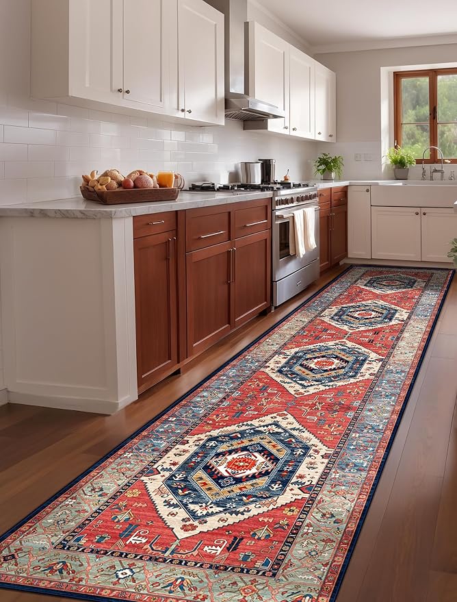 SERISSA 2'6"x12' Washable Non Slip Boho Runner Rug for Hallway，Rust | Ultra Soft Vintage Oriental Carpet Low-Pile Extra Long Tribal Floor Carpet for Kitchen Bedroom Entryway Bathroom Laundry Room