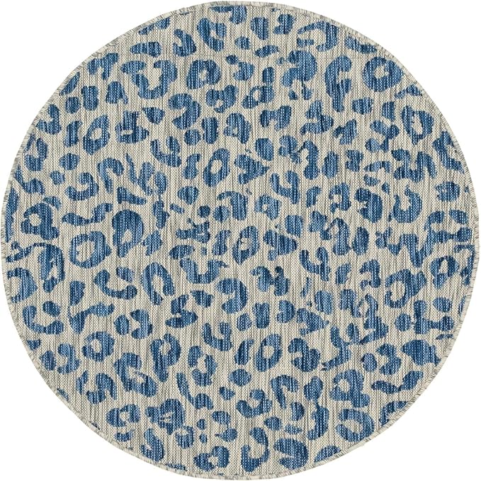 Unique Loom Outdoor Safari Collection Area Rug - Leopard (4' 1" Round, Blue Yellow/ Blue)