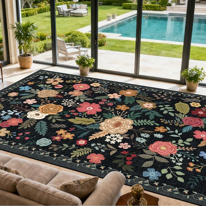 Extra Large 10x14 Area Rug for Living Room, Washable Rugs for Dining Room, Bedroom, Non Slip Stain Resistant Carpet, Low Pile Vintage Floral Rug (Black)