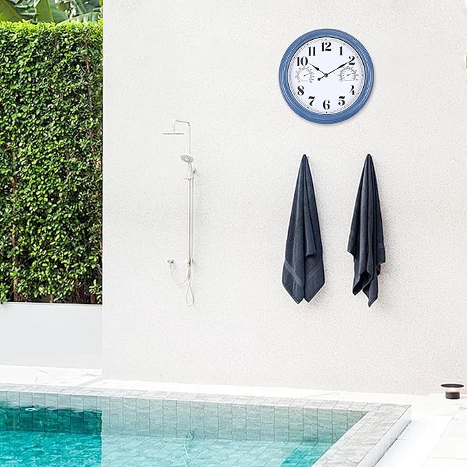12 inch Outdoor Wall Clock, Plastic Waterproof Outdoor Clock with Temperature & Humidity, Water Resistant Wall Clocks for Patio Garden, Blue
