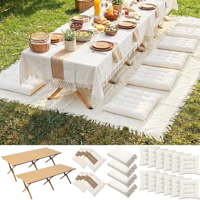 Novabright Picnic Kit Folding Picnic Table Extra Large Outdoor Boho Blanket Beige Table Runner Floor Pillow Covers Woven Cotton Oversize Washable for Camp Wedding(Cream White,Floor Cushions,20 Pcs)