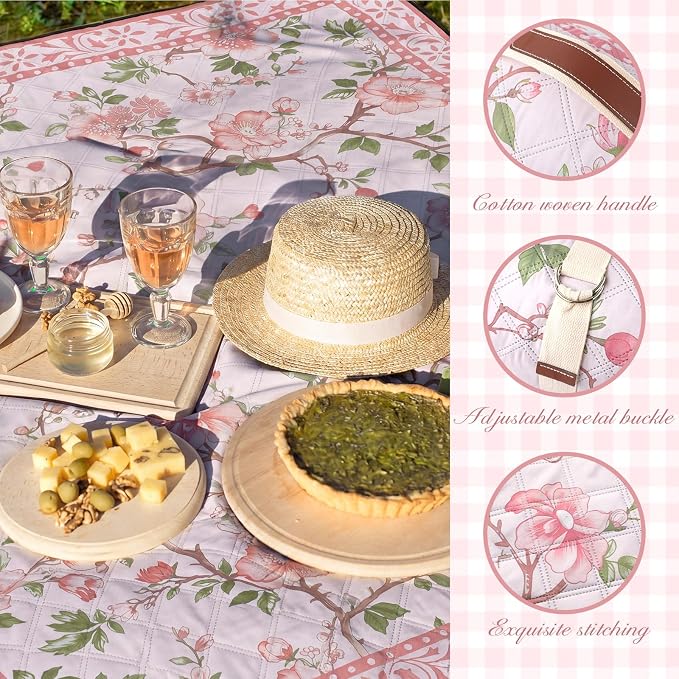 Newwiee 80 x 80 Inch Pink and Green Floral Picnic Blanket Extra Large Outdoor Chinoiserie Picnic Mat with Carry Strap Waterproof Sandproof Blanket Foldable Portable for Beach Camping Grass Lawn Park