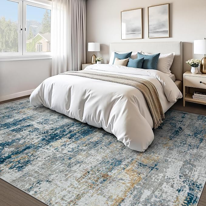 pmtsns Area Rugs 8x10 for Living Room: Washable Rug Modern Abstract Neutral Soft Non-Slip Low-Pile Indoor Large Carpet for Bedroom Dining Room Home Office Children's Room(BlueGreyGold, 8'x10')
