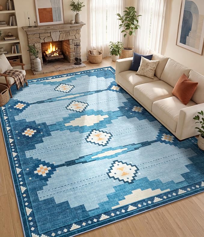 8'x10' Washable Large Area Rug for Living Room, Blue Mid Century Modern Rug | Soft, Non-Slip, Coastal Aztec Geometric Design, for Bedroom Dining Nursery Room Playroom, Low Pile, Pet Friendly