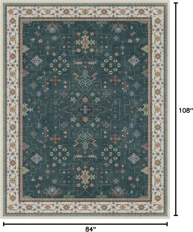 Vintage Dark Green 7x9 Dining Room Rugs for Under Kitchen Table - Washable Livinig Room Rug - Unique Floral Pastel Low Pile Non-Slip Area Rugs for Bedroom