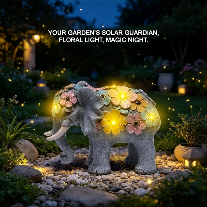 basen Solar Elephant Garden Statue Outdoor Resin Elephant Decor with Lighted Flower Accents, Solar Powered Animal Figurine for Patio Yard Lawn Porch Backyard Gifts for Women
