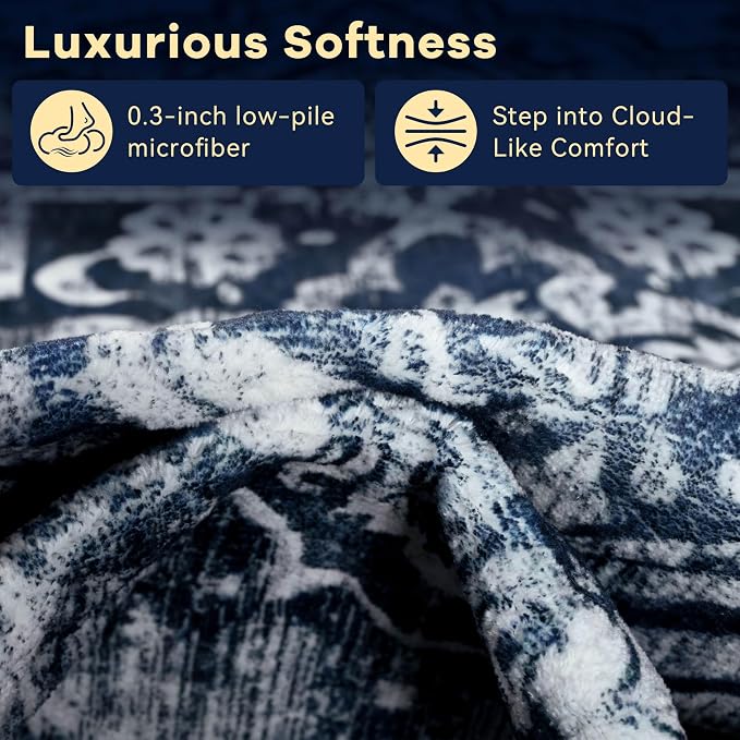 YJ.GWL Area Rugs for Living Room 6x9 Machine Washable Rugs, Non Slip Floral Vintage Rug Indoor Carpet, Stain Resistant Large Rug for Bedroom Dining Room, Navy Blue